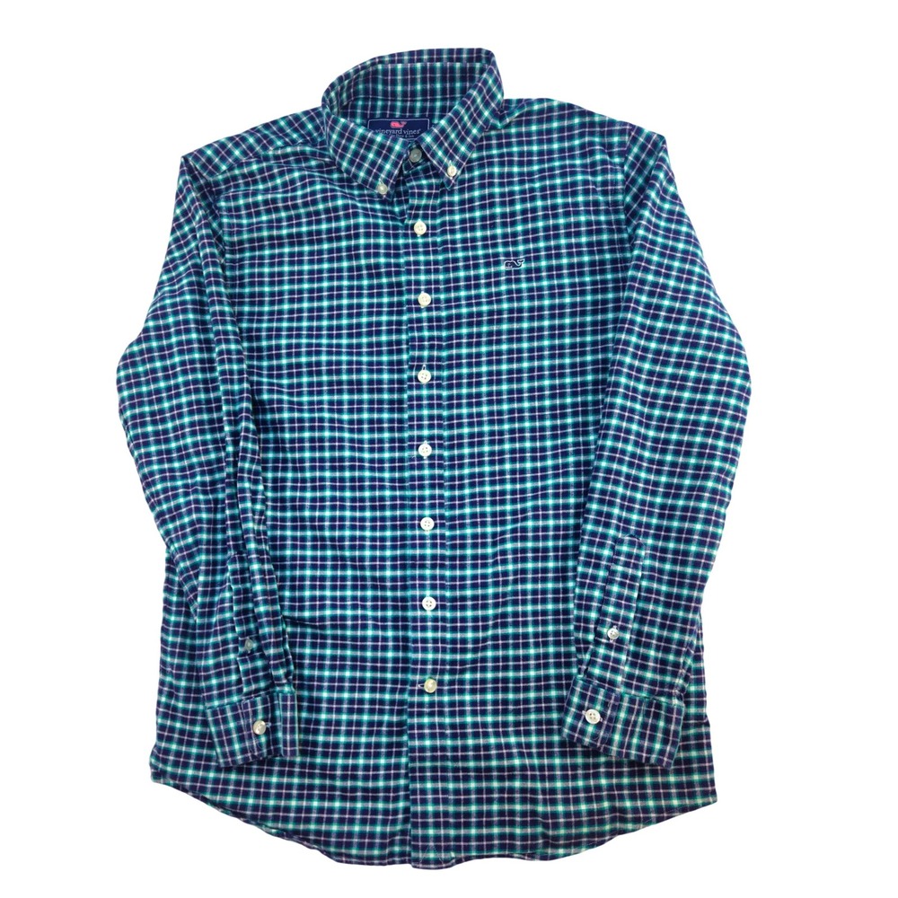 Vineyard Vines Mens L Teal Blue Plaid Whale Shirt Long Sleeve Button Down